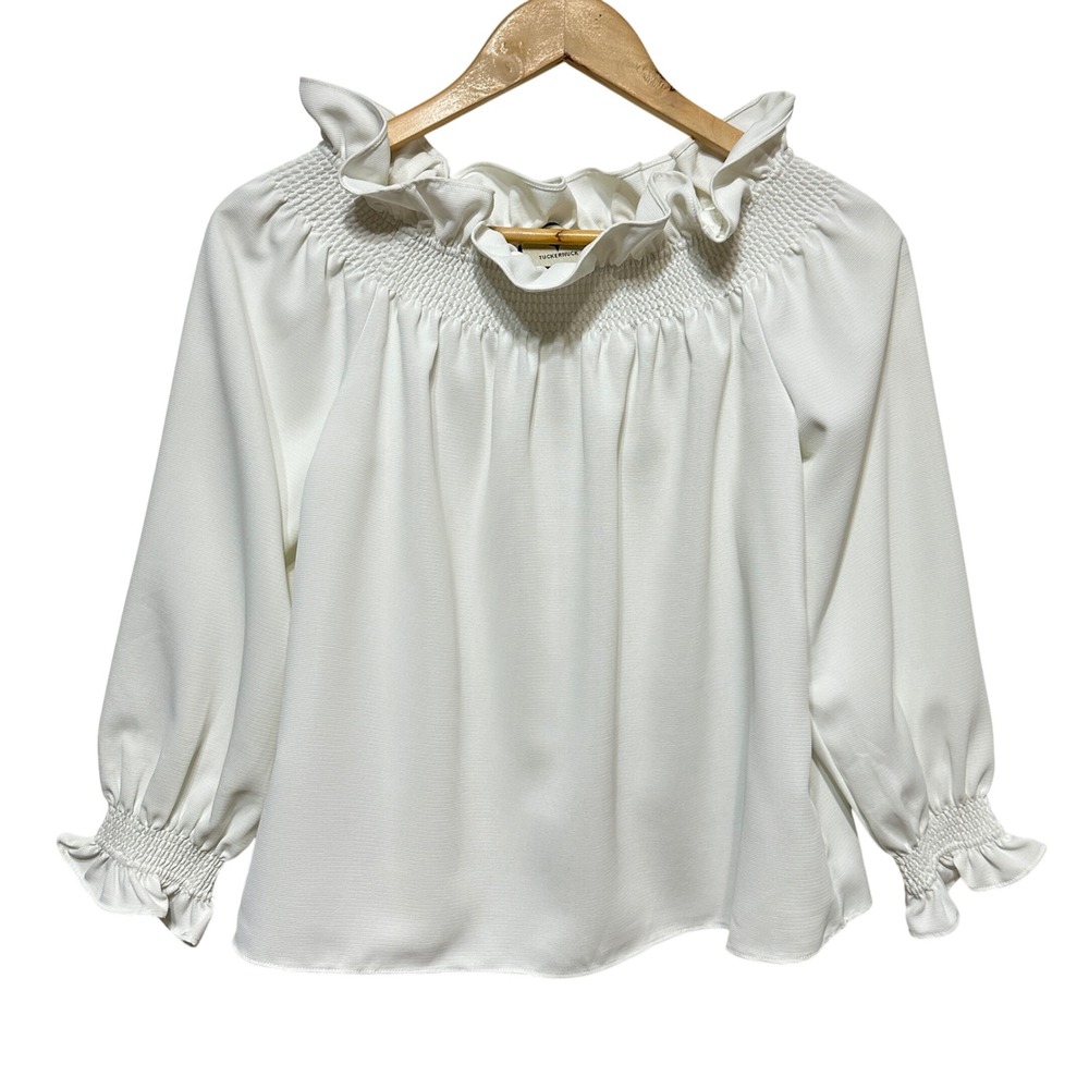 Tuckernuck Smocked Ruffle Off Shoulder Blouse Womens Small White Preppy Cottage